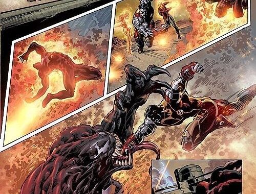 Comic page with angled panels showing heroes battling monsters
