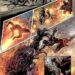 Comic page with angled panels showing heroes battling monsters