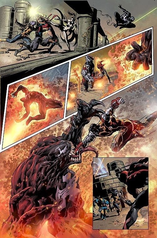 Comic page with angled panels showing heroes battling monsters