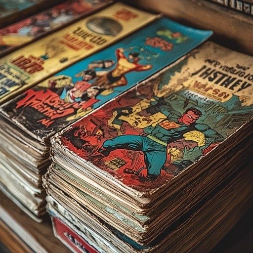 Stack of worn vintage comic books with colorful illustrated covers