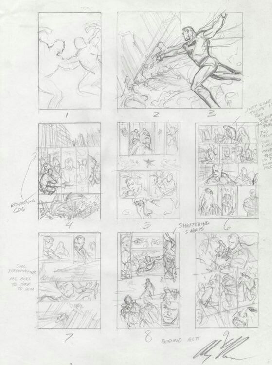 Penciled comic storyboard showing nine numbered panels and handwritten notes