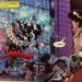 Comic panel with shattered glass, figures, and bold colorful sound effects