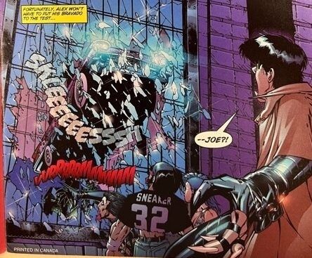 Comic panel with shattered glass, figures, and bold colorful sound effects