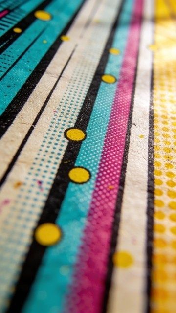 Macro view of colorful comic-print halftone dots and registration lines