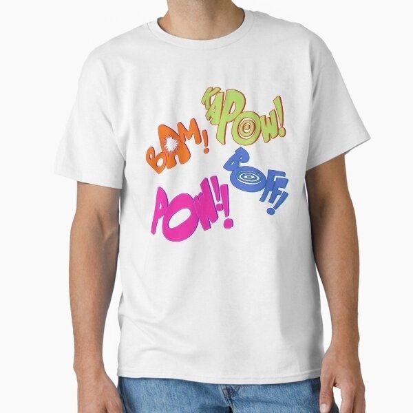 White T-shirt featuring colorful comic-style 